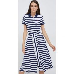 Polo Ralph Lauren sukienka kolor granatowy midi rozkloszowana. Niebieskie sukienki Polo Ralph Lauren, l, bez wzorów, bez kołnierzyka, bez ramiączek, midi, rozkloszowane. Za 929.99 zł.