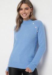Jasnoniebieski Sweter Półgolf z Guzikami Irisaia. Niebieskie swetry Born2be, m, bez wzorów, z jeansu, eleganckie, bez ramiączek. W wyprzedaży za 59.49 zł.