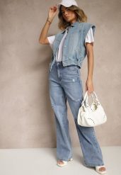 Niebieskie Jeansy High Waist z Szeroką Nogawką Zdobione Przetarciami Napinea. Niebieskie jeansy Renee, m, z aplikacjami, z jeansu, eleganckie, z podwyższonym stanem. W wyprzedaży za 71.99 zł.