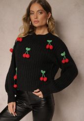 Czarny Sweter ze Ściągaczami w Wisienki Ventinnia. Czarne swetry Renee, na jesień, m, bez wzorów, z jeansu, casualowe, bez ramiączek. W wyprzedaży za 143.99 zł.