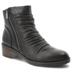 Botki damskie Rieker o fasonie z marszczoną cholewką ozdobnym zamkiem i niskim stabilnym obcasem czarne, Y0556-00 Black. Czarne botki Rieker, bez wzorów, z jeansu, eleganckie, bez obcasa, na obcasie, bez zapięcia. Za 439.00 zł.