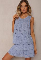 Jasnoniebieska Ażurowa Bluzka Top z Bawełny Bez Rękawów Aalnea. Niebieskie topy Renee, l, w ażurowe wzory, z bawełny, eleganckie, bez kołnierzyka, bez ramiączek. W wyprzedaży za 39.99 zł.