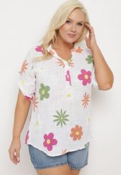 Biała Koszula z Lnu i Bawełny w Kwiaty z Krótkim Rękawem Ambubia. Białe koszule Born2be, plus size, bez wzorów, z bawełny, bez kołnierzyka, plus size, bez ramiączek. Za 99.99 zł.