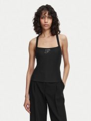 Guess Top W6YP44 K4523 Czarny Slim Fit. Czarne topy Guess, xs, z aplikacjami, z syntetyku, bez kołnierzyka, bez ramiączek. Za 214.99 zł.