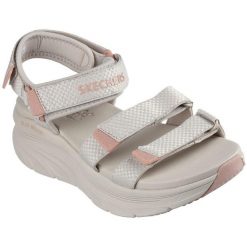 Sandały damskie Skechers D'lux Walker Sandal sea scape. Brązowe sandały Skechers, bez wzorów, z materiału, bez obcasa, bez zapięcia. Za 490.00 zł.