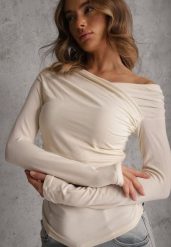 Beżowy Marszczona Bluzka z Bawełną i Dekoltem w Łódkę Orinlia. Brązowe bluzki Renee, l, bez wzorów, z bawełny, eleganckie, bez kołnierzyka, bez ramiączek. Za 99.99 zł.