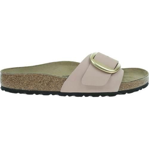 Klapki damskie Birkenstock Madrid Big Buckle. Czerwone klapki Birkenstock, bez wzorów, z materiału, bez obcasa, bez zapięcia. Za 709.99 zł.