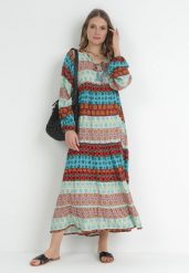 Niebiesko-Czerwona Rozkloszowana Sukienka w Fantazyjny Print Kylene. Niebieskie sukienki Born2be, na imprezę, l, z aplikacjami, z tkaniny, bez kołnierzyka, bez ramiączek, maxi, rozkloszowane. W wyprzedaży za 110.49 zł.