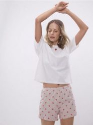 Dwuczęściowa piżama z serduszkami - beżowy. Brązowe piżamy Reserved, l, bez wzorów, z bawełny, bez kołnierzyka, bez ramiączek. Za 79.99 zł.