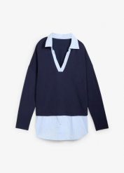 Sweter z cienkiej dzianiny z koszulową wstawką. Niebieskie swetry bonprix, bez wzorów, z dzianiny, bez ramiączek. Za 99.99 zł.