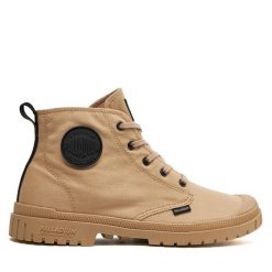 Trapery Palladium. Brązowe traperki Palladium, bez wzorów, bez obcasa, bez zapięcia. Za 229.99 zł.