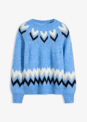 Sweter w norweski wzór, z zygzakowatymi paskami. Niebieskie swetry bonprix, bez wzorów, bez ramiączek. Za 139.99 zł.