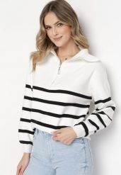 Biało-Czarny Golf Sweter Zapinany na Suwak w Paski Sakine. Białe swetry Born2be, m, bez wzorów, bez ramiączek. W wyprzedaży za 110.49 zł.