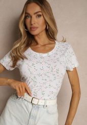 Biały Bawełniany T-shirt z Kwiatowym Wzorem Savioraie. Białe t-shirty Renee, l, bez wzorów, z bawełny, klasyczne, bez kołnierzyka, bez ramiączek. W wyprzedaży za 31.99 zł.