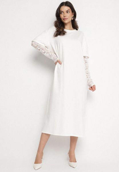 Jasnobeżowa Bawełniana Sukienka T-shirt z Rozcięciami i Koronkowymi Rękawami Fenisia. Brązowe sukienki Born2be, na spotkanie biznesowe, uniwersalny, bez wzorów, z bawełny, eleganckie, bez kołnierzyka, bez ramiączek, midi. Za 89.99 zł.