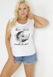 Biały Tank Top z Nadrukiem i Okrągłym Dekoltem Irinka. Białe topy Born2be, xl, bez wzorów, bez kołnierzyka, bez ramiączek. Za 59.99 zł.