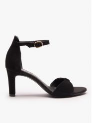 Czarne sandały na wysokim obcasie. Czarne sandały Ryłko, bez wzorów, ze skóry, eleganckie, z okrągłym noskiem, bez obcasa, na obcasie, bez zapięcia. Za 399.99 zł.