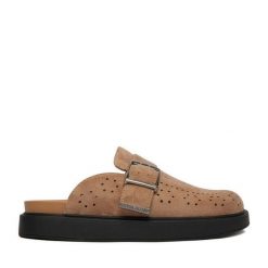 Klapki Guess Jeans. Brązowe klapki Guess Jeans, z aplikacjami, z jeansu, bez obcasa, bez zapięcia. Za 279.99 zł.