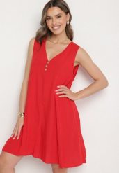 Czerwona Rozkloszowana Sukienka z Bawełny z Ozdobnymi Guzikami Folusae. Czerwone sukienki Born2be, na co dzień, l, bez wzorów, z bawełny, eleganckie, bez kołnierzyka, bez ramiączek, mini, proste. Za 69.99 zł.