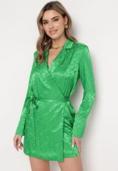 Zielona Krótka Sukienka Kopertowa z Materiałowym Paskiem Urvila. Zielone sukienki Born2be, l, bez wzorów, z materiału, eleganckie, bez kołnierzyka, bez ramiączek, mini, kopertowe. W wyprzedaży za 169.99 zł.