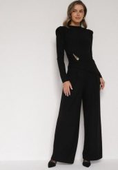 Czarny Elegancki Komplet Szerokie Spodnie i Bluzka z Usztywnianymi Ramionami Sewesta. Czarne bluzki Born2be, l, bez wzorów, eleganckie, bez kołnierzyka, bez ramiączek. Za 169.99 zł.