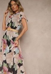 Czarna Rozkloszowana Sukienka Zdobiona Wiązaniem i Paskiem z Klamrą Sorisse. Czarne sukienki Renee, na spacer, l, z aplikacjami, eleganckie, bez kołnierzyka, bez ramiączek, maxi, rozkloszowane. W wyprzedaży za 107.99 zł.