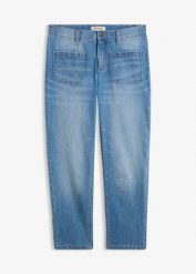 Jeansy o kroju slim, high waist, cropped. Niebieskie jeansy bonprix, bez wzorów, z jeansu, z podwyższonym stanem. Za 119.99 zł.