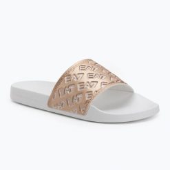 Klapki EA7 Emporio Armani Water Sports All Over. Białe klapki EA7 Emporio Armani, bez wzorów, z materiału, eleganckie, bez obcasa, bez zapięcia. Za 254.35 zł.