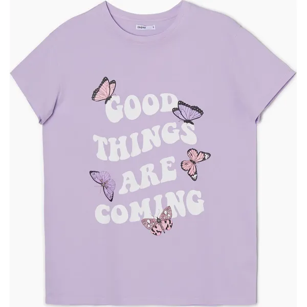 T-shirt oversize z nadrukiem - Fioletowy. Fioletowe t-shirty Cropp, l, bez wzorów, bez kołnierzyka, bez ramiączek. Za 39.99 zł.