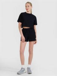 4F Spodenki dresowe z waflowej dzianiny damskie - czarne M. Czarne szorty 4f, bez wzorów, z bawełny, sportowe. Za 79.99 zł.