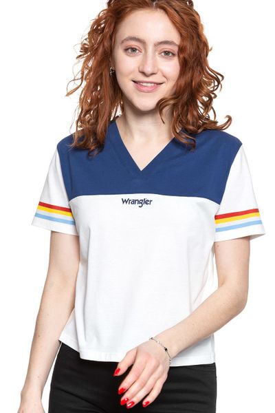 WRANGLER T SHIRT DAMSKI CUT N SEW V TEE OFF WHITE W7P0GH737 112132020. Białe t-shirty Wrangler, s, bez wzorów, bez kołnierzyka, bez ramiączek. Za 69.99 zł.