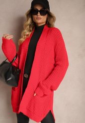 Czerwony Kardigan z Kieszeniami Niezapinany Parika. Czerwone swetry Renee, m, bez wzorów, z jeansu, eleganckie, bez ramiączek. W wyprzedaży za 63.99 zł.