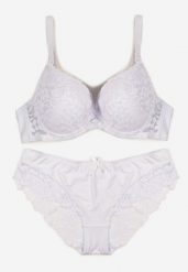 Biały Koronkowy Komplet Biustonosz i Majtki Figi w Klasycznym Stylu Ezirene. Białe figi Renee, z aplikacjami, z jeansu. Za 39.99 zł.