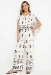 Czarno-Biały Bawełniany Komplet Koszula i Szerokie Spodnie w Stylu Boho Ollirive. Białe koszule Born2be, l, z aplikacjami, z bawełny, boho, bez kołnierzyka, bez ramiączek. Za 89.99 zł.