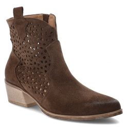 Botki damskie Armodo, kowbojki ażurowe skórzane za kostkę na klocku, ciemnobrązowe, 1616. Brązowe botki Armodo, w ażurowe wzory, z jeansu, boho, za kostkę, bez obcasa, bez zapięcia. Za 365.99 zł.