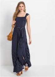 Długa sukienka z nadrukiem. Niebieskie sukienki bonprix, bez wzorów, bez kołnierzyka, bez ramiączek, maxi. Za 137.99 zł.
