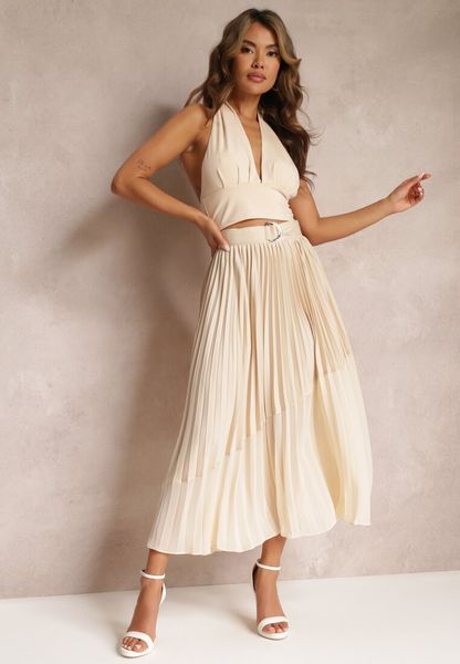 Beżowa Rozkloszowana Spódnica Maxi z Plisowanej Tkaniny z Paskiem ze Sprzączką Zamina. Brązowe spódnice Renee, m, bez wzorów, z tkaniny, maxi, rozkloszowane. Za 129.99 zł.