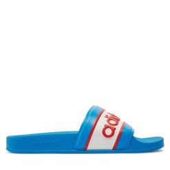 Klapki adidas. Niebieskie klapki adidas, bez wzorów, sportowe, bez obcasa, bez zapięcia. Za 149.99 zł.