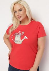 Czerwony Bawełniany T-shirt z Ozdobnym Nadrukiem Littana. Czerwone t-shirty Born2be, l, bez wzorów, z bawełny, klasyczne, bez kołnierzyka, bez ramiączek. Za 59.99 zł.