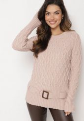 Jasnoróżowy Sweter z Ozdobnym Splotem z Paskiem i Klamrą Riean. Czerwone swetry Born2be, m, bez wzorów, z jeansu, klasyczne, bez ramiączek. W wyprzedaży za 93.49 zł.