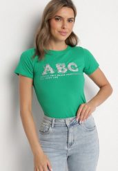 Ciemnozielony T-shirt Bawełniany z Naszywką i Cekinami Olisaria. Zielone t-shirty Born2be, m, z aplikacjami, z bawełny, klasyczne, bez kołnierzyka, bez ramiączek. Za 49.99 zł.