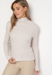 Beżowy Elastyczny Golf Ozdobiony Metaliczną Nitką Kirinna. Brązowe swetry Born2be, na zimę, m, bez wzorów, eleganckie, bez ramiączek. W wyprzedaży za 50.99 zł.