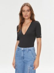 Guess Body Chia V3BP23 KC450 Czarny Slim Fit. Czarne body i gorsety Guess, z aplikacjami, z syntetyku, bez ramiączek. Za 169.99 zł.