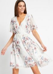 Sukienka mini z siatkowego materiału. Białe sukienki bonprix, bez wzorów, bez kołnierzyka, bez ramiączek, mini, kopertowe. Za 159.99 zł.