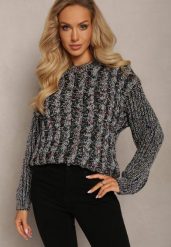 Czarny Sweter w Warkoczykowy Splot Salvio. Czarne swetry Renee, m, bez wzorów, z dzianiny, casualowe, bez ramiączek. W wyprzedaży za 63.99 zł.