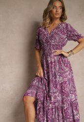 Ciemnoróżowa Rozkloszowana Sukienka z Bawełny Zdobiona Wzorem Paisley Folitea. Fioletowe sukienki Renee, na spotkanie biznesowe, l, z aplikacjami, z bawełny, bez kołnierzyka, bez ramiączek, maxi, rozkloszowane. W wyprzedaży za 47.99 zł.