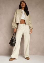 Jasnobeżowe Jeansy Wide Leg High Waist z Postrzępionymi Krawędziami Brizess. Brązowe jeansy Renee, m, bez wzorów, z jeansu, z podwyższonym stanem. Za 99.99 zł.