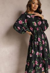 Czarno-Różowa Midi Sukienka w Kwiaty o Rozkloszowanym Kroju z Rękawami Nietoperz Jervia. Czarne sukienki Renee, l, bez wzorów, eleganckie, bez kołnierzyka, bez ramiączek, midi, rozkloszowane. W wyprzedaży za 43.99 zł.