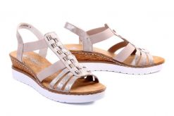 RIEKER V3822-90 metallic, sandały damskie. Szare sandały Rieker, bez wzorów, bez obcasa, na koturnie, bez zapięcia. Za 299.90 zł.