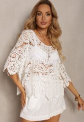 Biała Ażurowa Bluzka Bawełniana z Szerokimi Rękawami Effiori. Białe bluzki Renee, w ażurowe wzory, z bawełny, eleganckie, bez kołnierzyka, bez ramiączek. W wyprzedaży za 51.99 zł.